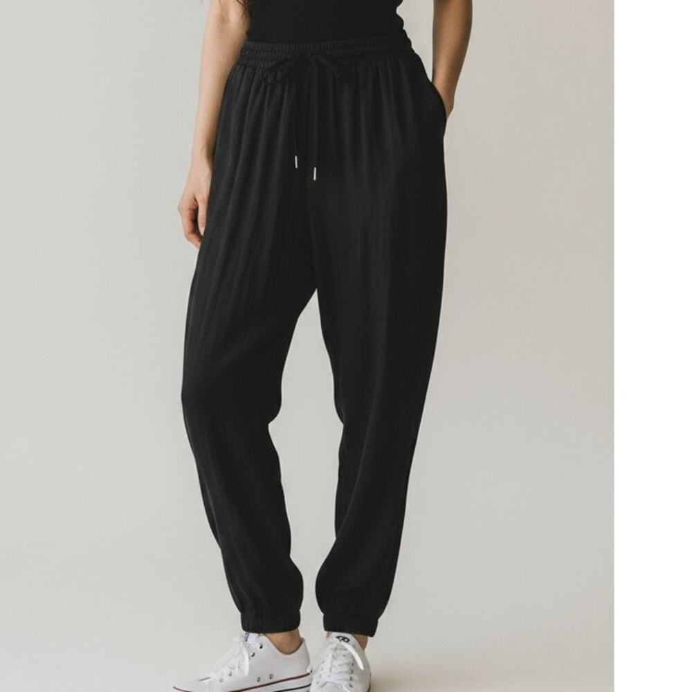 Zara Harem Relax Fit Tapered Elastic Drawstring Waist Pant Pocket Sheer M Black